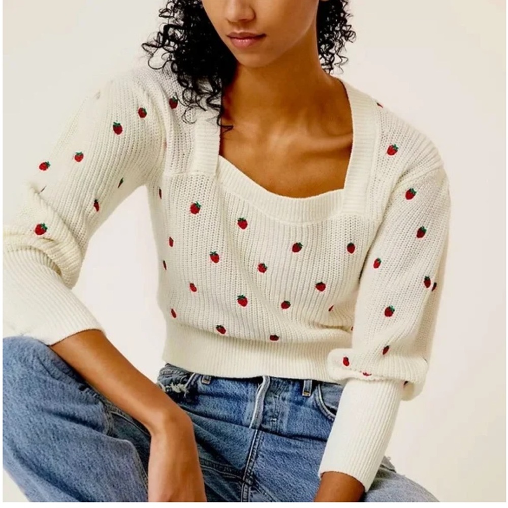 Anthropologie Strawberry Embroidered Sweater